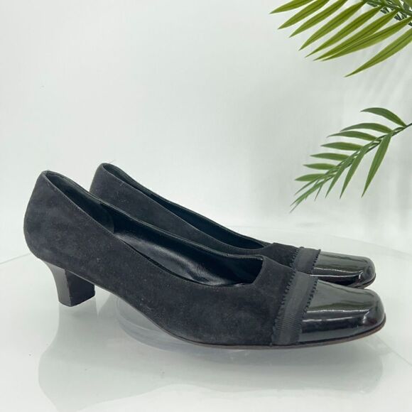 Salvatore Ferragamo Pump Women Size 7.5 B Black Suede Patent Cap Toe Square Toe - Picture 2 of 14